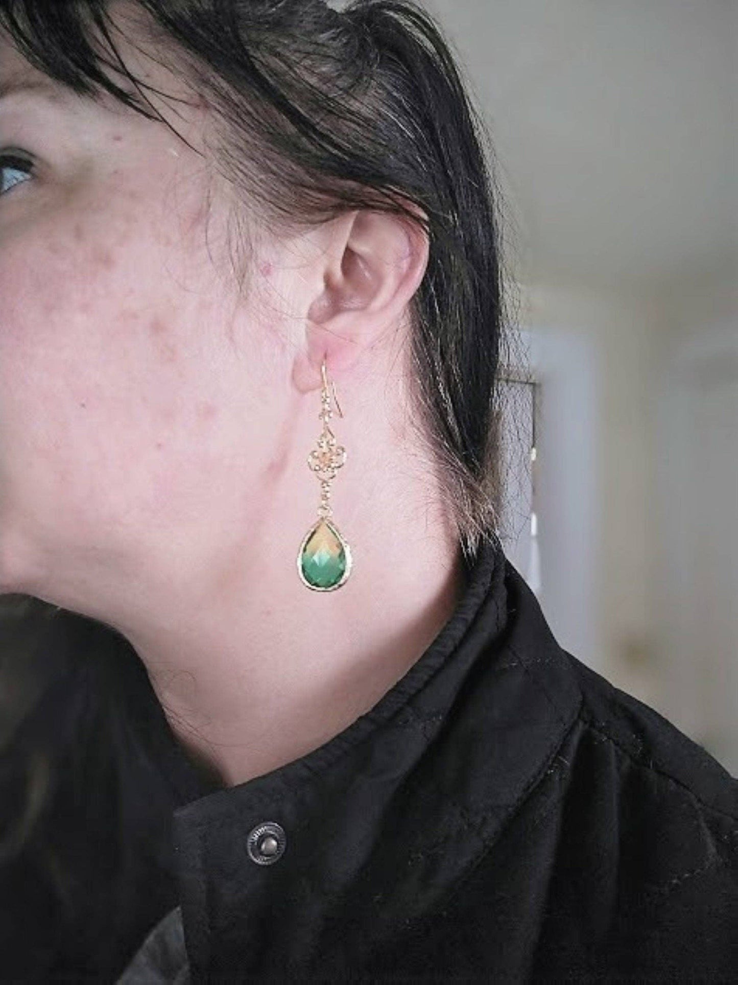 Yellow & Green Glass Teardrop Gold Dangle Earrings, Minimalist Style, Bridal Drop Earrings, Multi Color, Chandelier, Link
