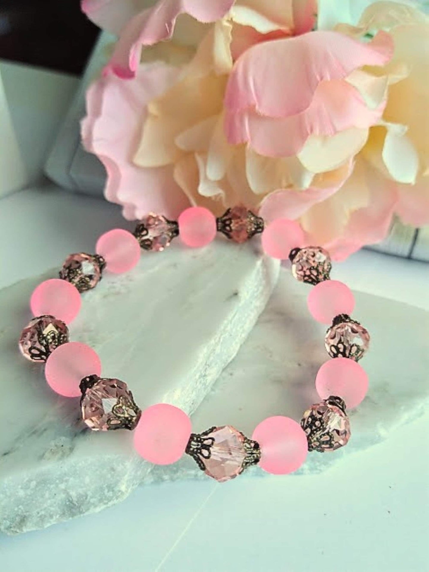 Pink Frosted Sea Glass, Brass Stretch Bracelet, Brass Strand, Antique, Victorian Fashion, Art Deco, Beach, Gift For Her