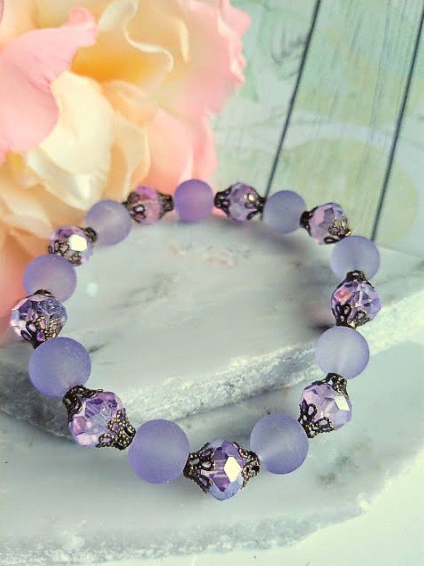 Purple Frosted Sea Glass, Brass Stretch Bracelet, Brass Strand, Antique, Victorian Fashion, Art Deco, Beach, Gift For Her