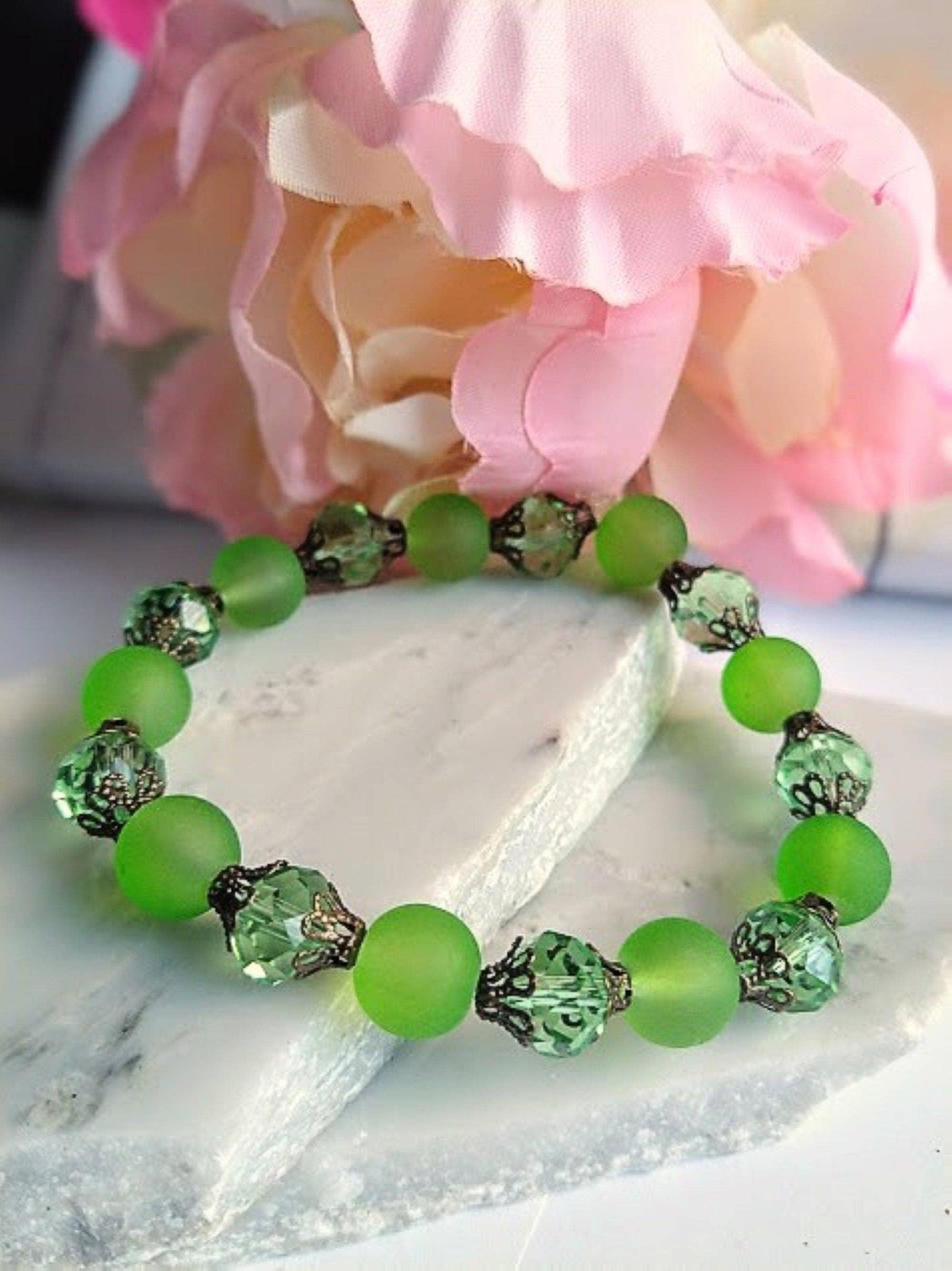 Green Frosted Sea Glass, Brass Stretch Bracelet, Brass Strand, Antique, Victorian Fashion, Art Deco, Beach, Gift For Her