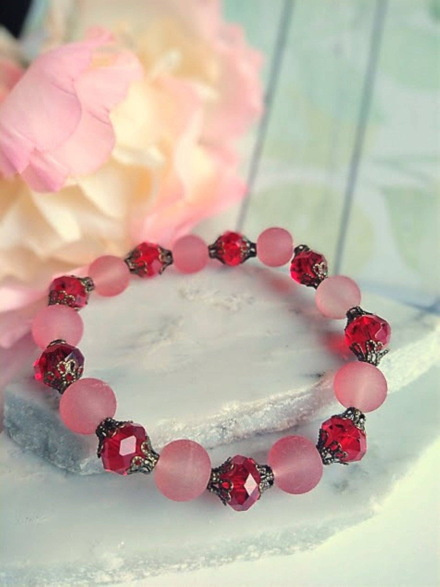 Red Frosted Sea Glass, Brass Stretch Bracelet, Brass Strand, Antique, Victorian Fashion, Art Deco, Beach, Gift For Her