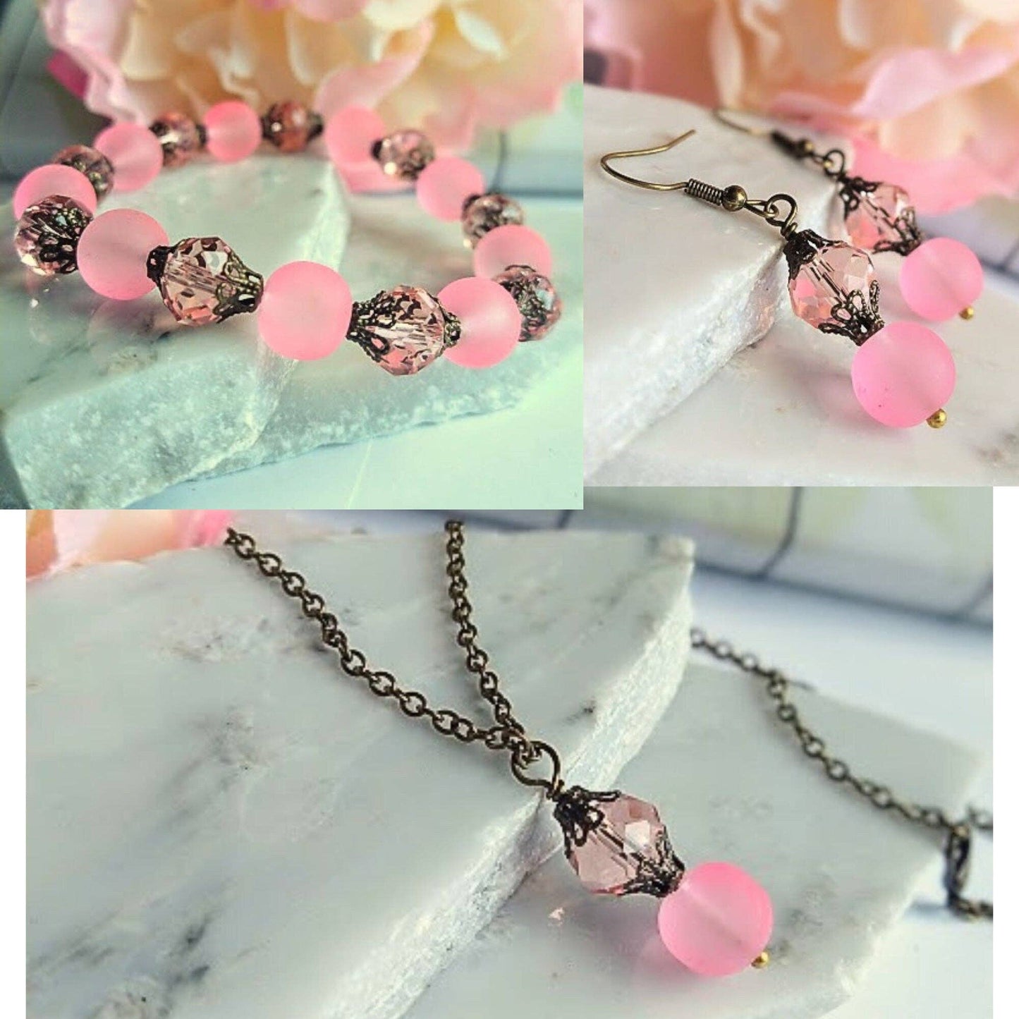 Pink Frosted Sea Glass, Brass Stretch Bracelet, Brass Strand, Antique, Victorian Fashion, Art Deco, Beach, Gift For Her