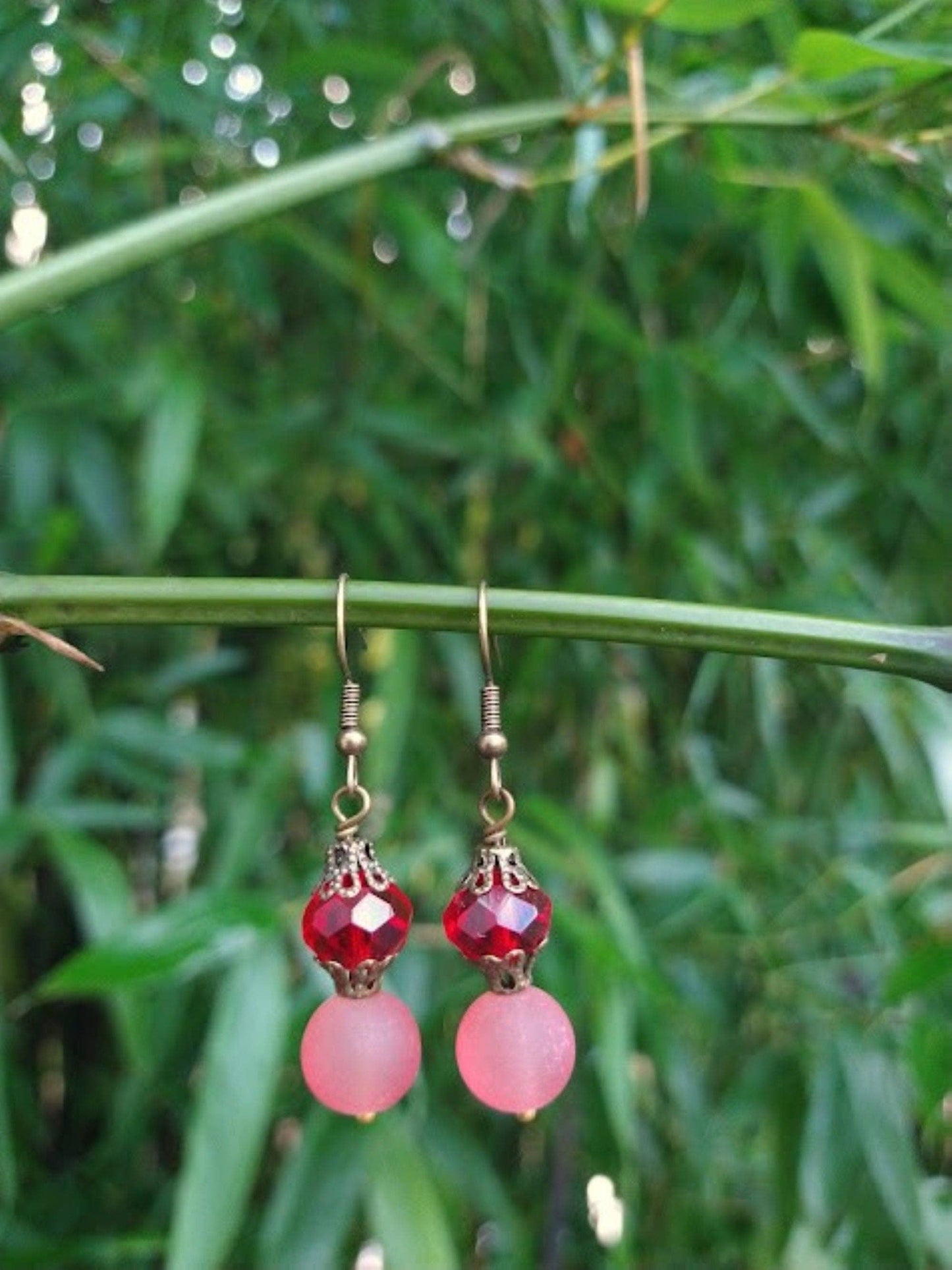 Frosted Red Sea Glass, Brass Dangle Earrings, Brass Earrings, Antique, Victorian Fashion, Art Deco, Beach, Gift For Her