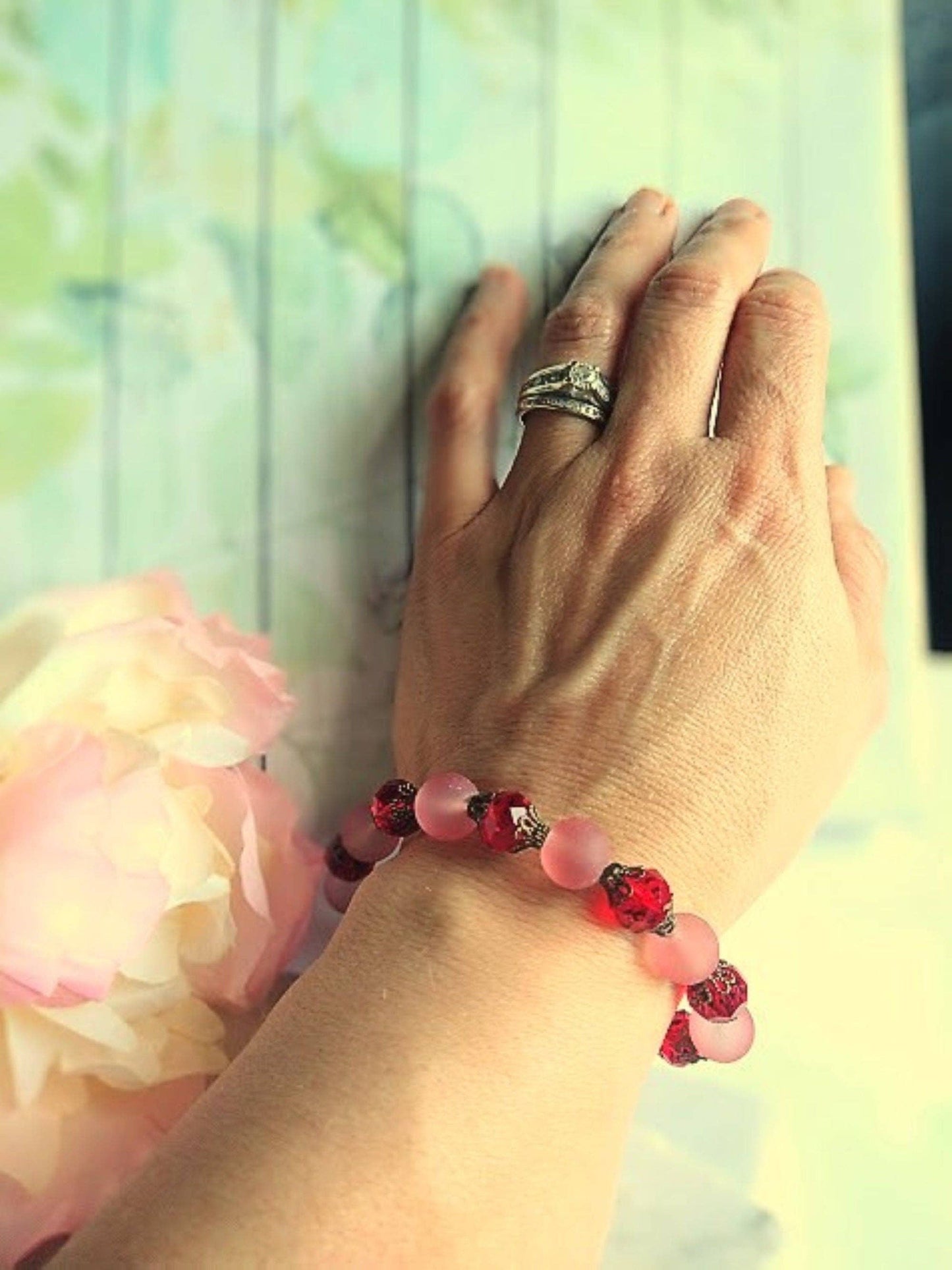 Red Frosted Sea Glass, Brass Stretch Bracelet, Brass Strand, Antique, Victorian Fashion, Art Deco, Beach, Gift For Her