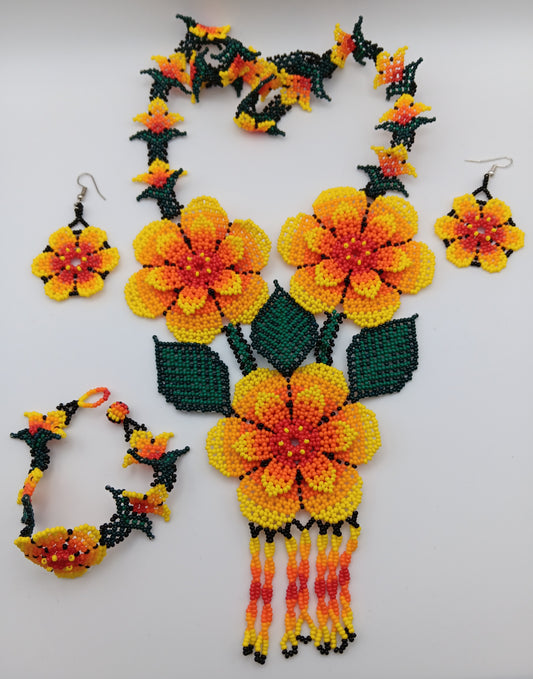 Necklace, earrings, and bracelet set.