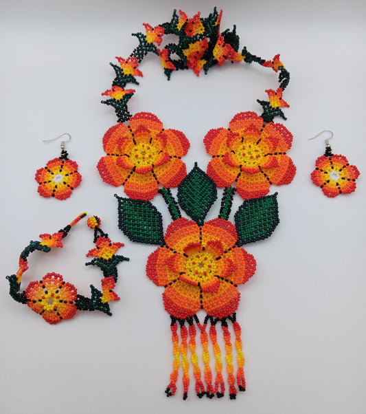 Necklace, earrings, and bracelet set.