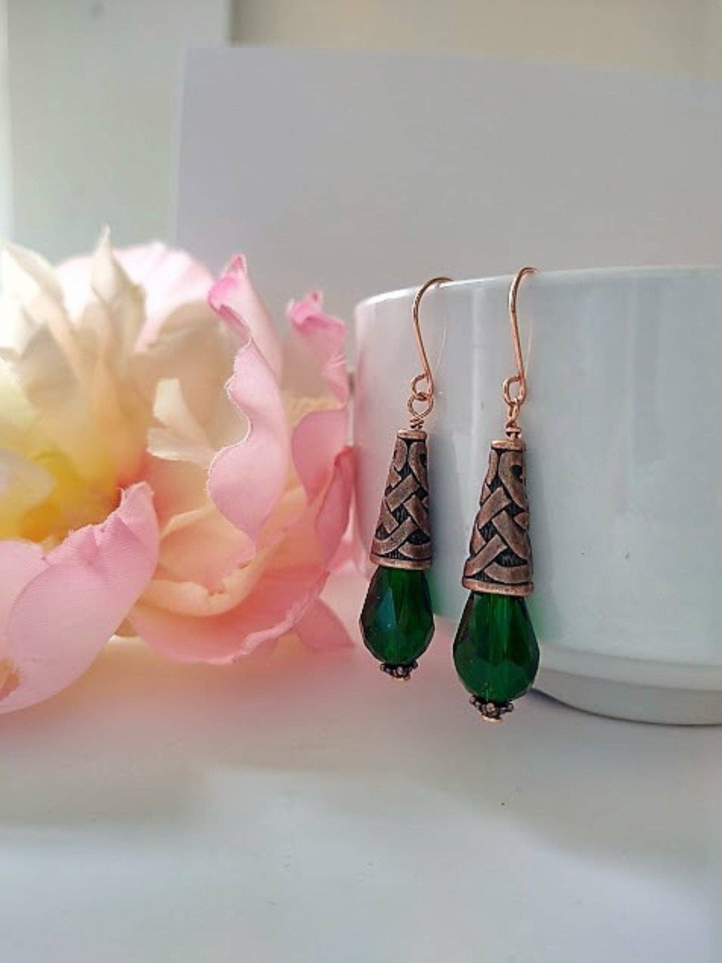 Dark Green Teardrop Crystal Copper Dangle Earrings, Pink Drop Earrings, Gift For Her, Mother's Day Gift, Art Deco Earrings, Antique Earrings
