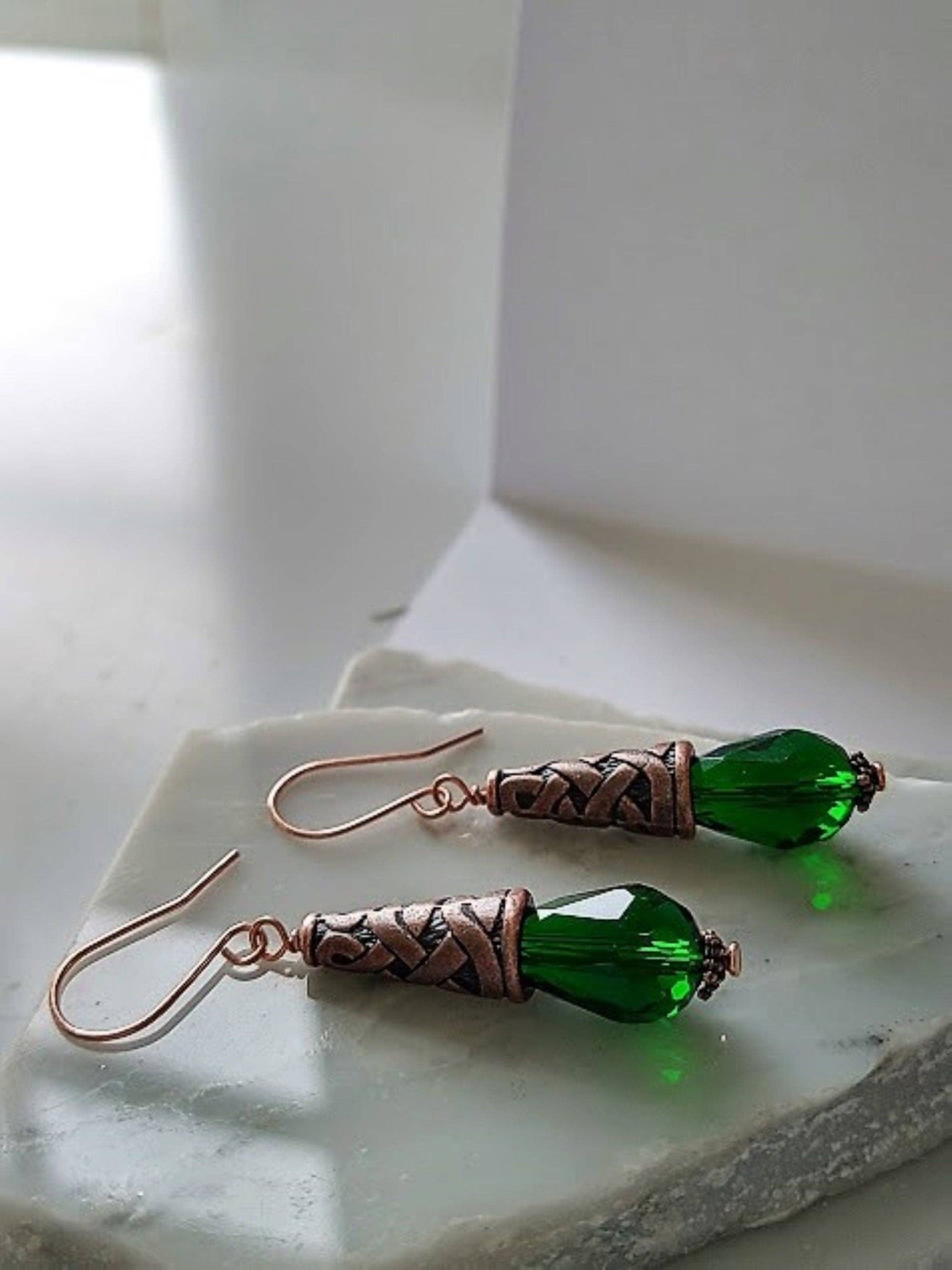Dark Green Teardrop Crystal Copper Dangle Earrings, Pink Drop Earrings, Gift For Her, Mother's Day Gift, Art Deco Earrings, Antique Earrings