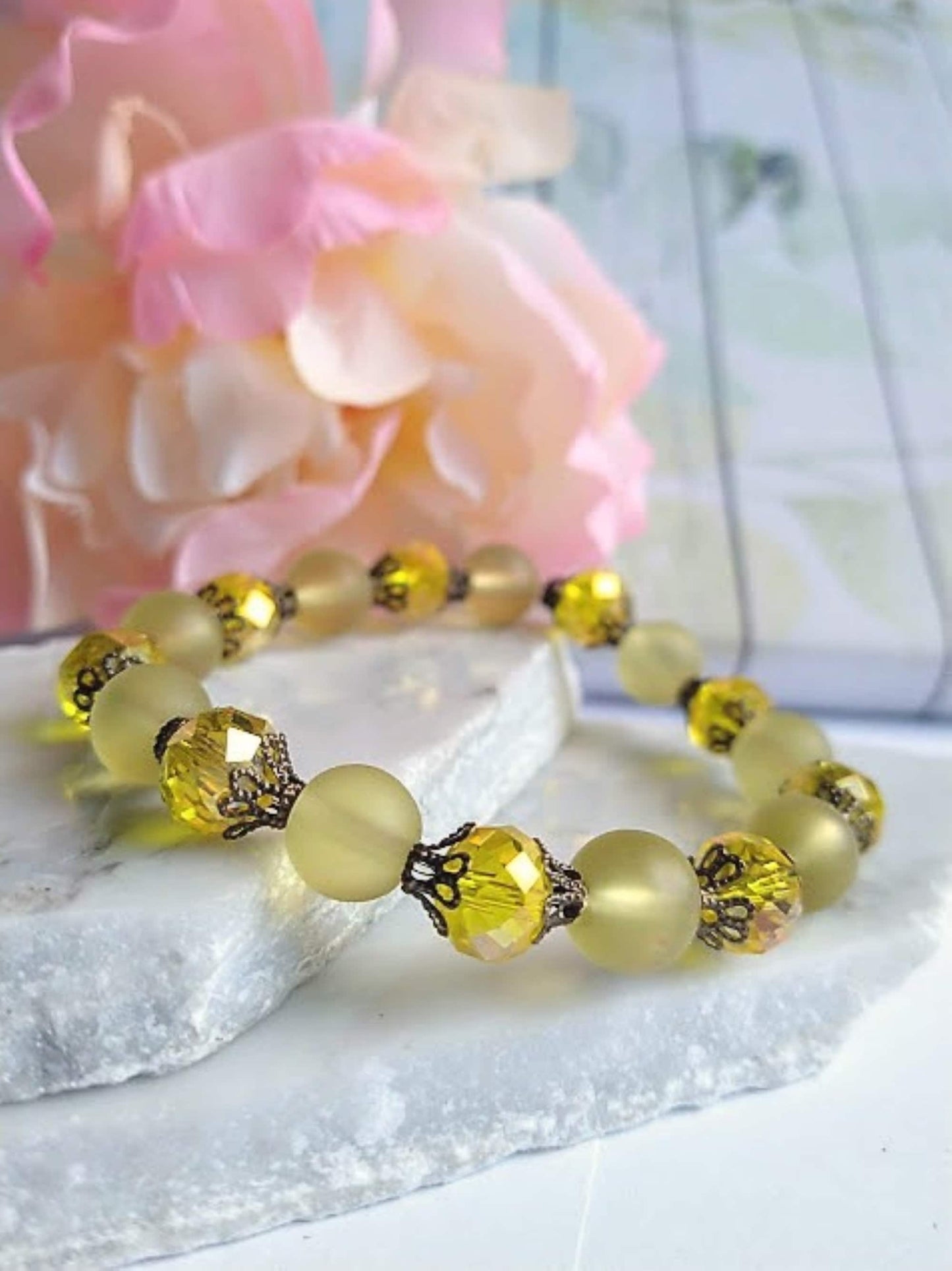 Yellow Frosted Sea Glass, Brass Stretch Bracelet, Brass Strand, Antique, Victorian Fashion, Art Deco, Beach, Gift For Her