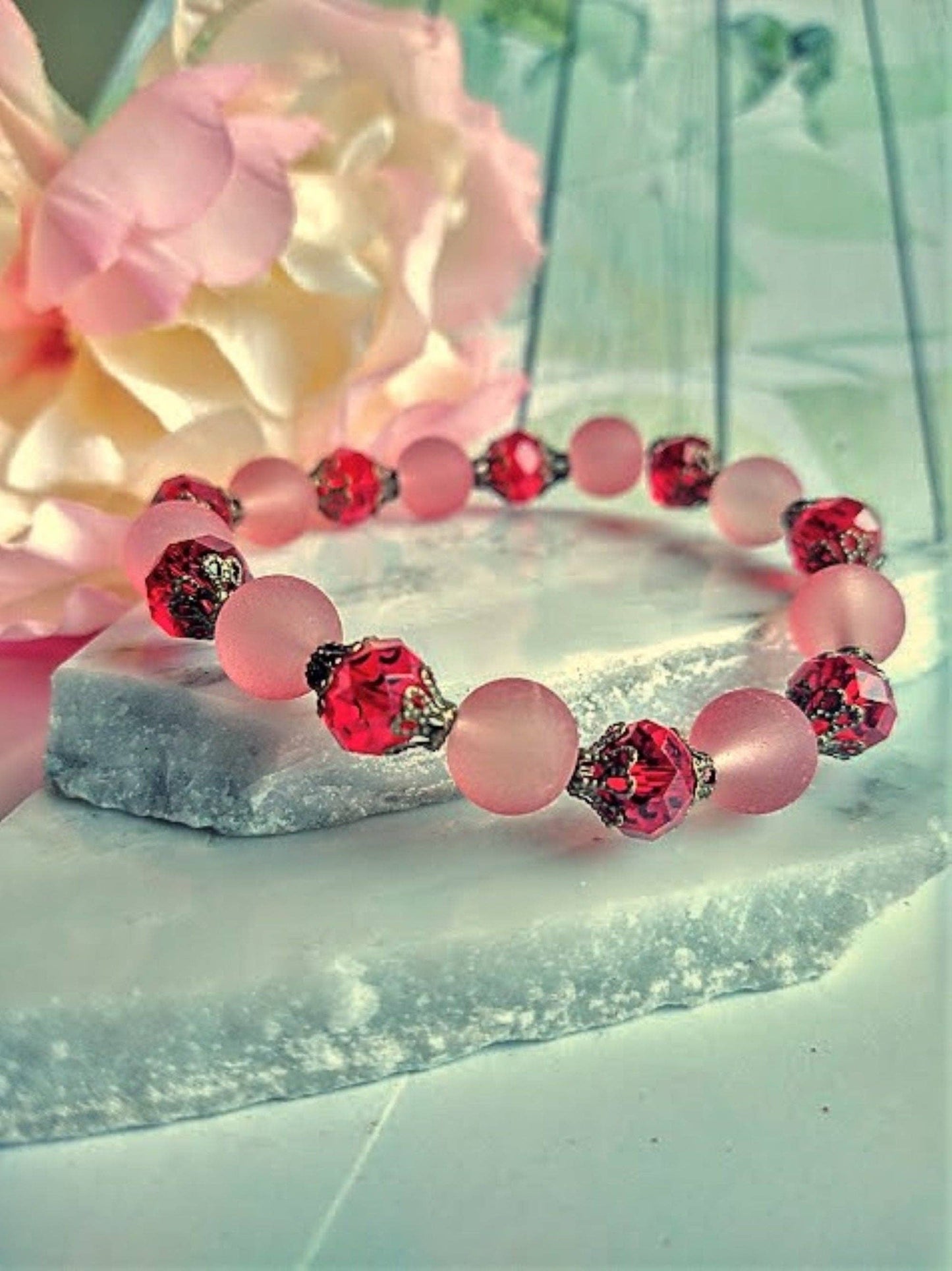 Red Frosted Sea Glass, Brass Stretch Bracelet, Brass Strand, Antique, Victorian Fashion, Art Deco, Beach, Gift For Her