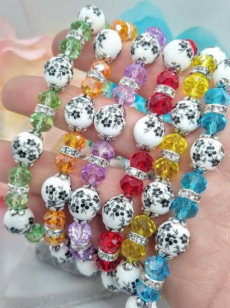 Handmade Black Floral & Orange Crystal Bracelet