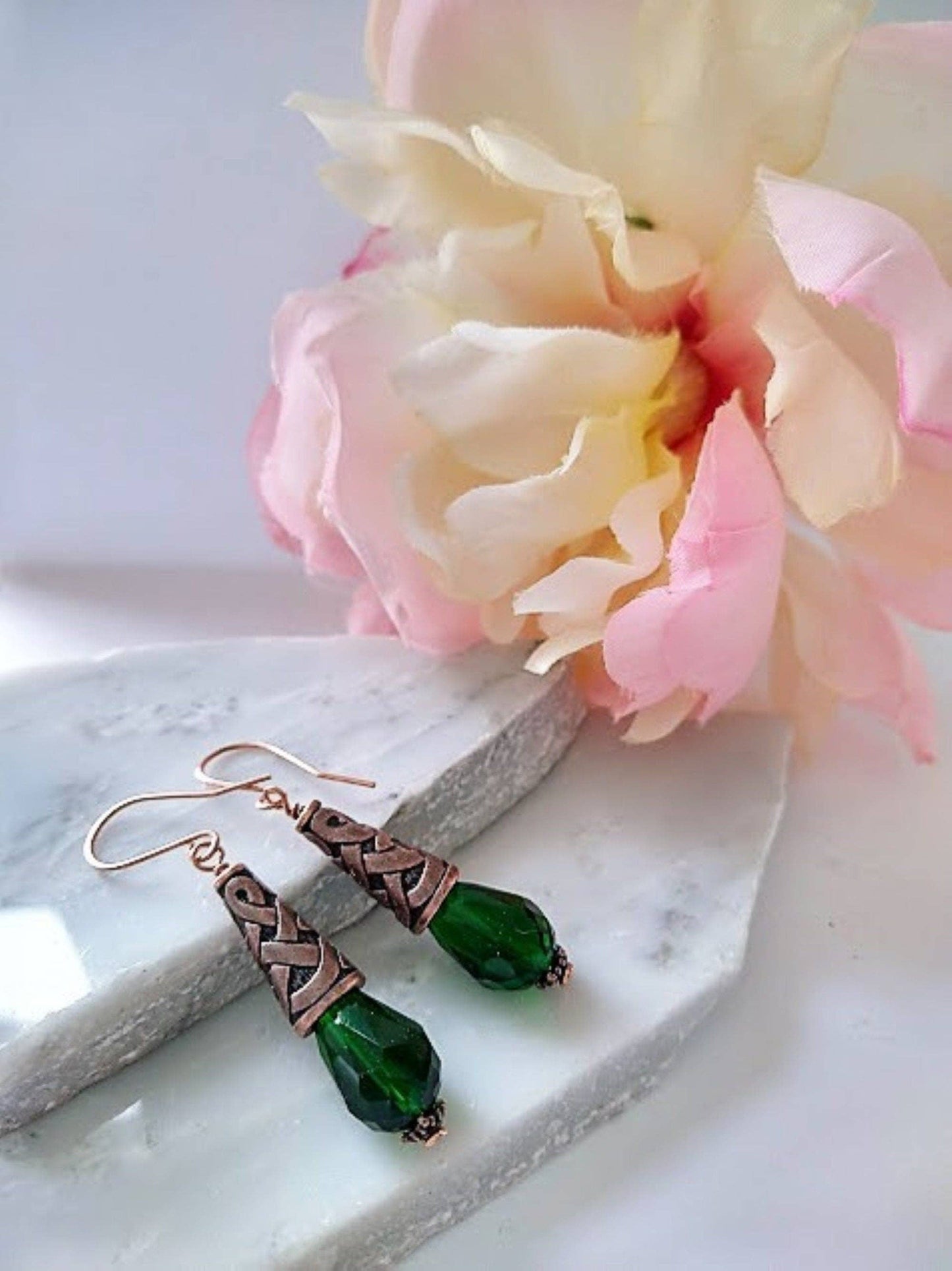 Dark Green Teardrop Crystal Copper Dangle Earrings, Pink Drop Earrings, Gift For Her, Mother's Day Gift, Art Deco Earrings, Antique Earrings