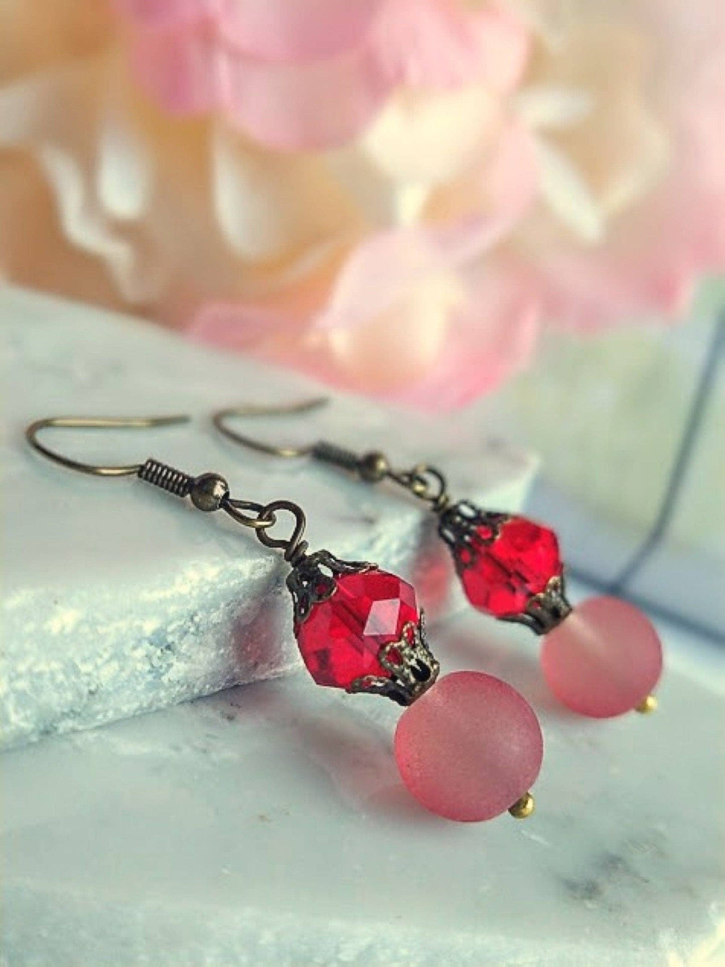 Frosted Red Sea Glass, Brass Dangle Earrings, Brass Earrings, Antique, Victorian Fashion, Art Deco, Beach, Gift For Her