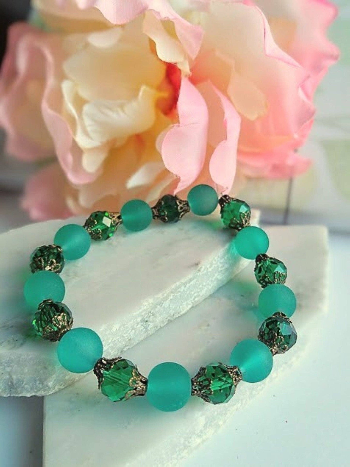 Teal Blue Frosted Sea Glass, Brass Stretch Bracelet, Brass Strand, Antique, Victorian Fashion, Art Deco, Beach, Gift For Her