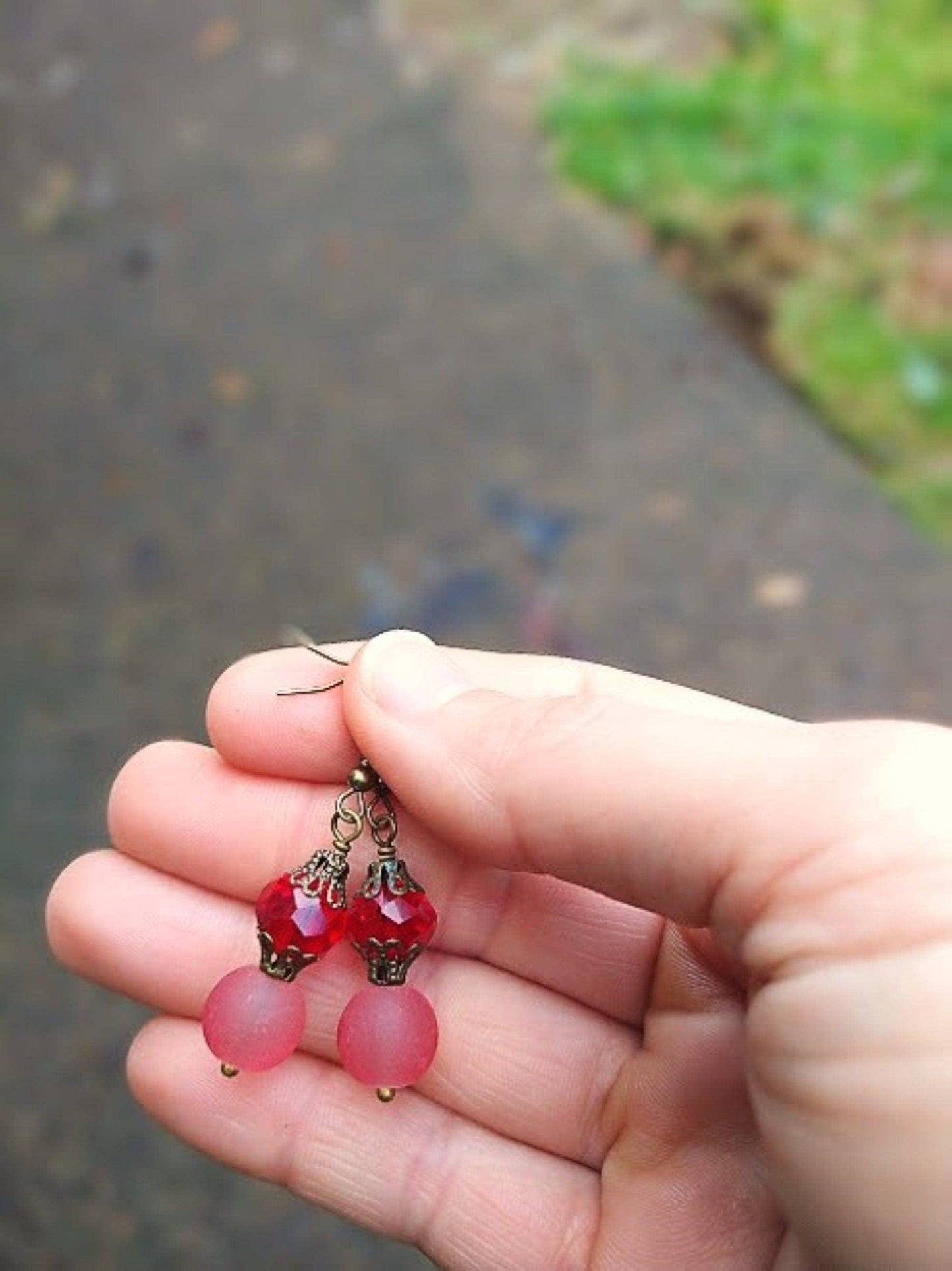 Frosted Red Sea Glass, Brass Dangle Earrings, Brass Earrings, Antique, Victorian Fashion, Art Deco, Beach, Gift For Her