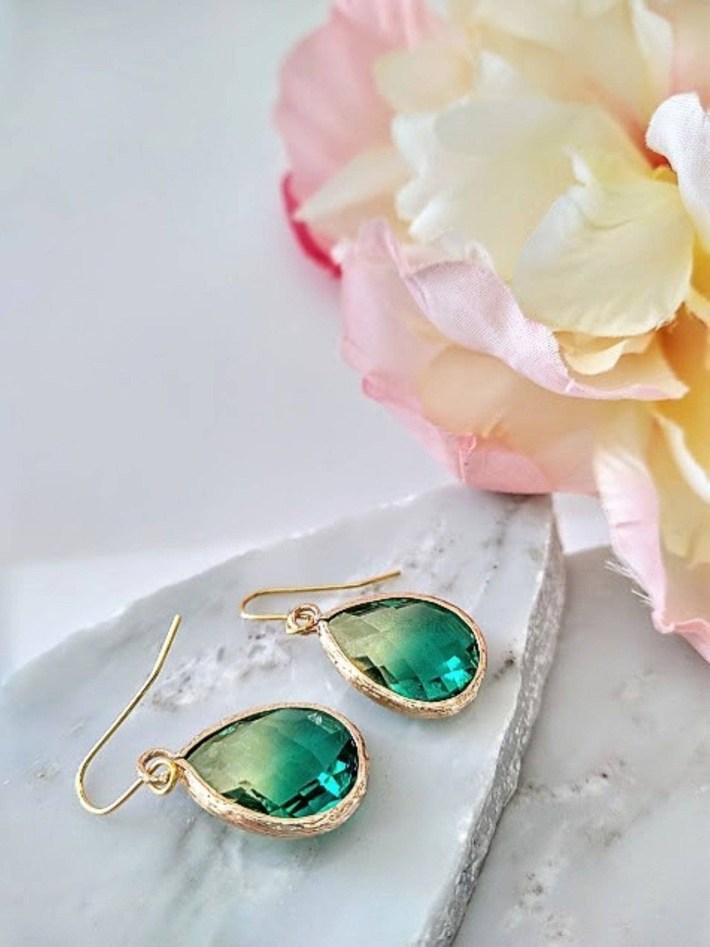 Yellow & Green Gold Glass Teardrop Dangle Earrings, Minimalist Style, Bridal Drop Earrings, Multi Color