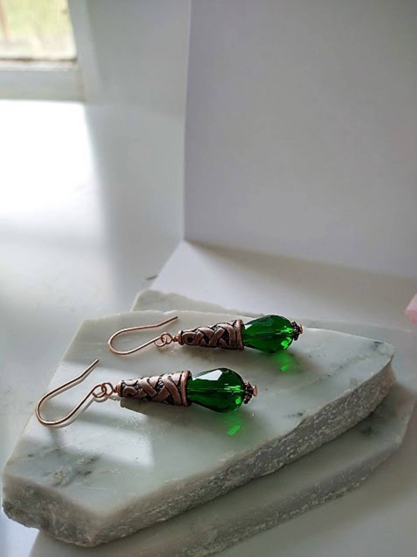 Dark Green Teardrop Crystal Copper Dangle Earrings, Pink Drop Earrings, Gift For Her, Mother's Day Gift, Art Deco Earrings, Antique Earrings