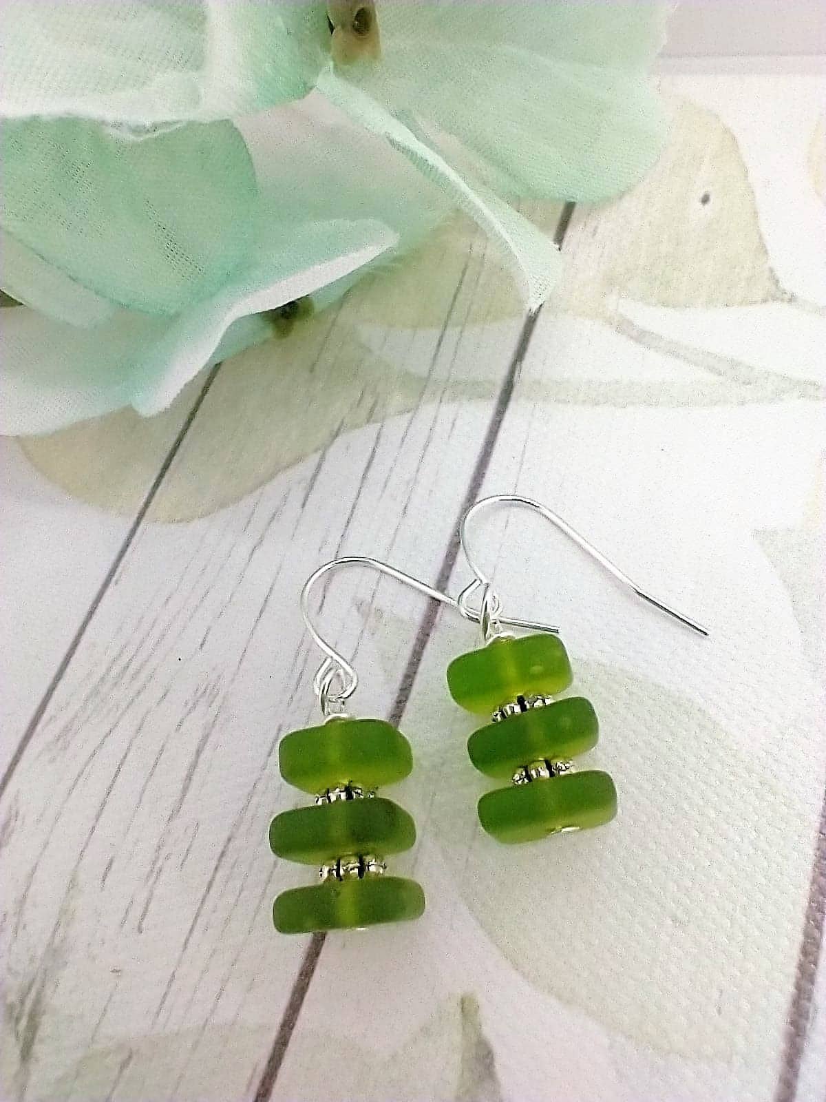 Stacked Square Sea Glass, .925 Sterling Silver Dangle Earrings, Beach Jewelry, Bridal Ocean Nature Fashion