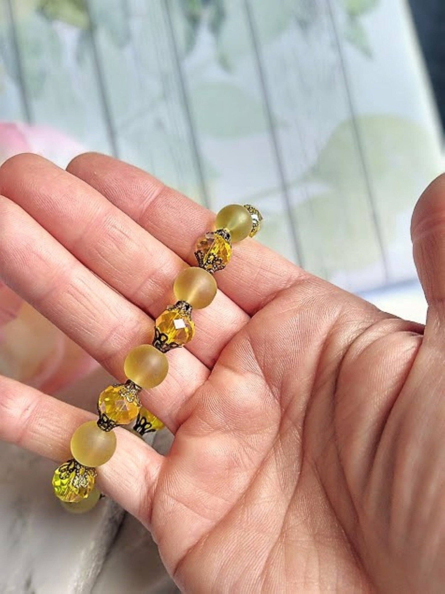 Yellow Frosted Sea Glass, Brass Stretch Bracelet, Brass Strand, Antique, Victorian Fashion, Art Deco, Beach, Gift For Her