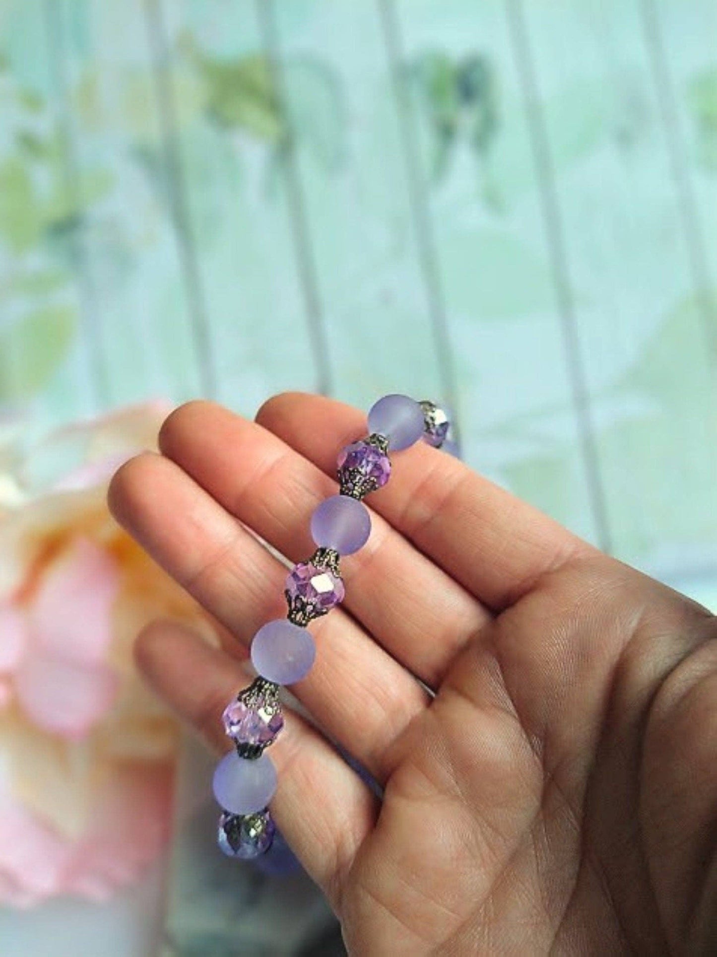Purple Frosted Sea Glass, Brass Stretch Bracelet, Brass Strand, Antique, Victorian Fashion, Art Deco, Beach, Gift For Her