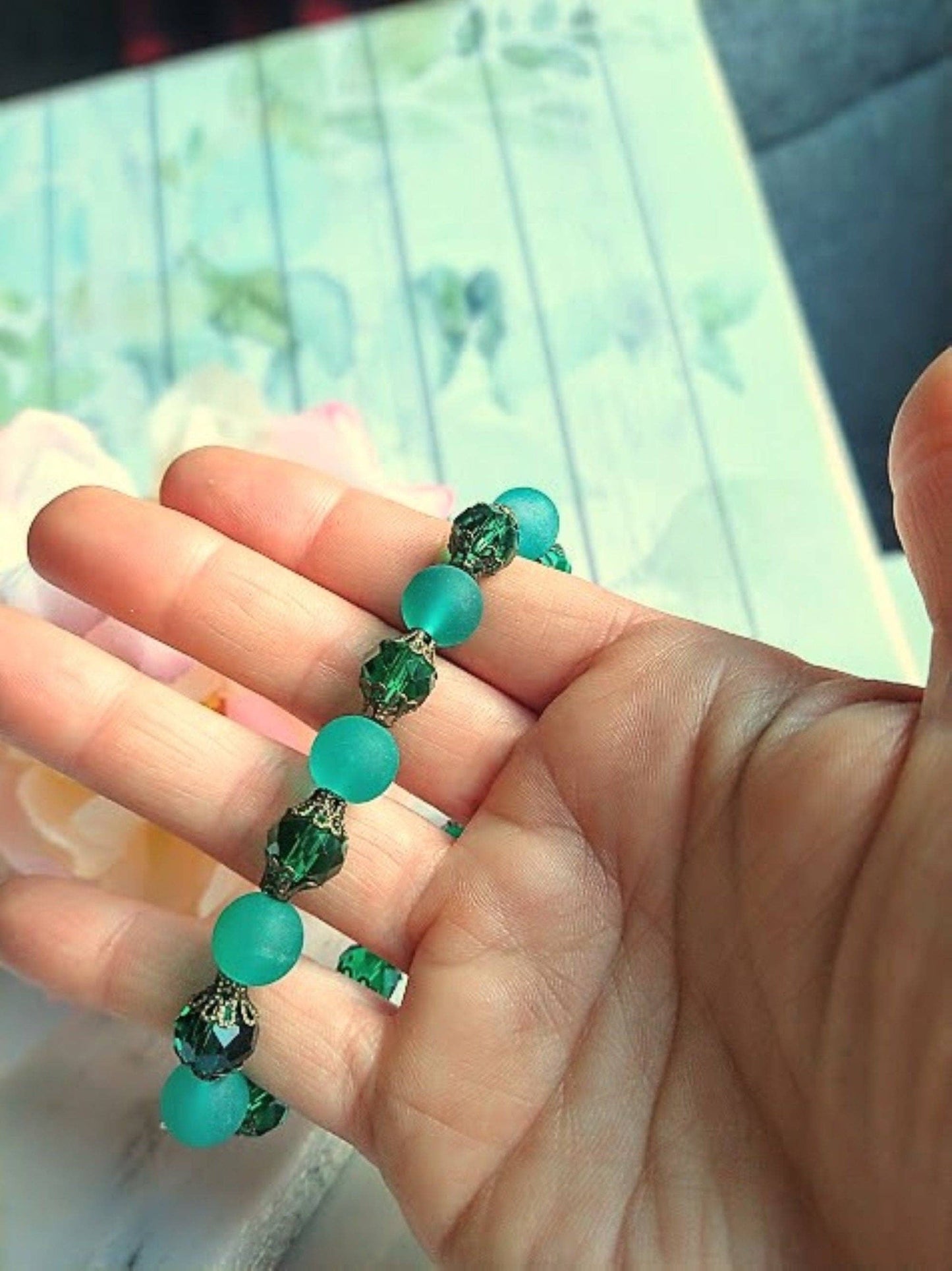 Teal Blue Frosted Sea Glass, Brass Stretch Bracelet, Brass Strand, Antique, Victorian Fashion, Art Deco, Beach, Gift For Her