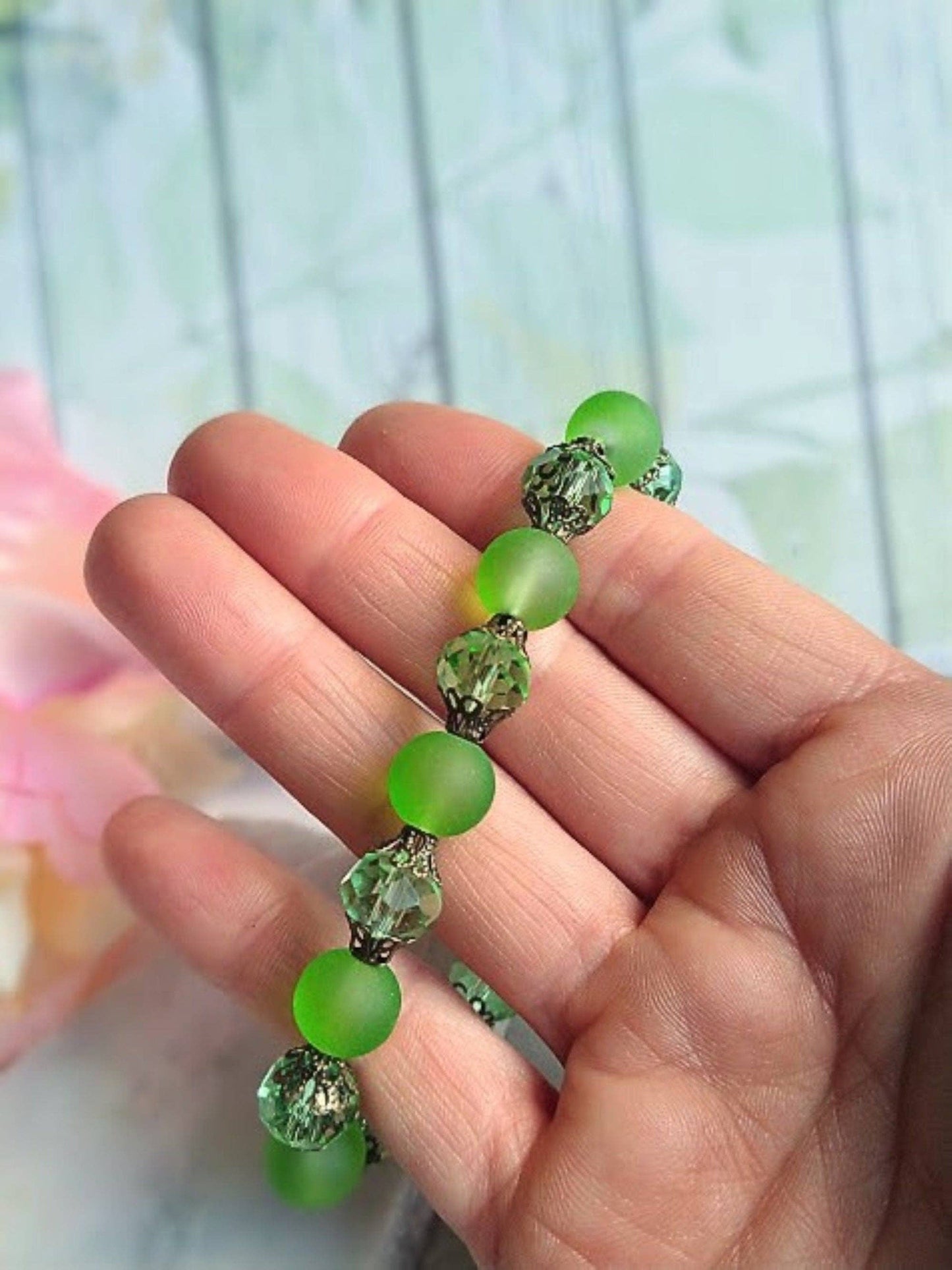 Green Frosted Sea Glass, Brass Stretch Bracelet, Brass Strand, Antique, Victorian Fashion, Art Deco, Beach, Gift For Her