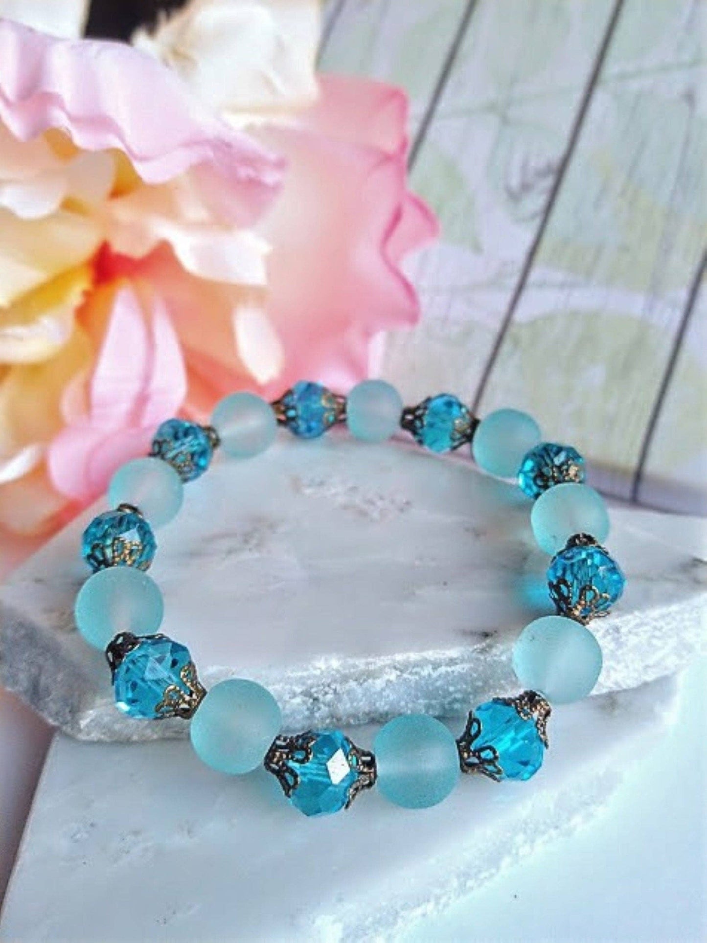 Frosted Sea Glass, Brass Stretch Bracelet, Brass Strand, Antique, Victorian Fashion, Art Deco, Beach, Gift For Her