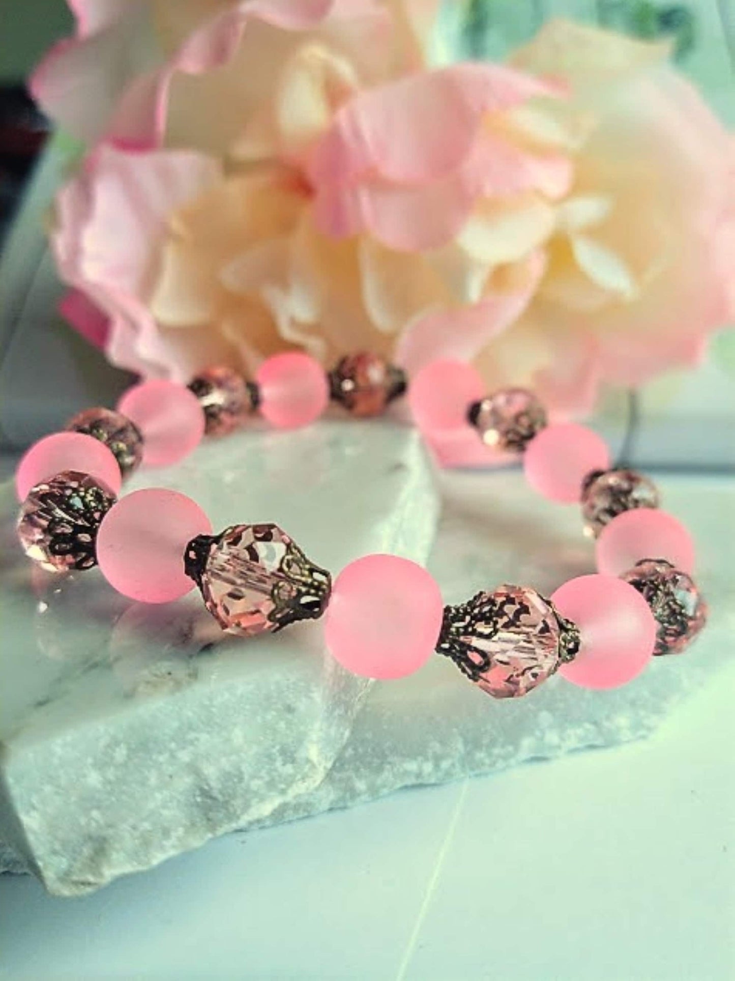 Pink Frosted Sea Glass, Brass Stretch Bracelet, Brass Strand, Antique, Victorian Fashion, Art Deco, Beach, Gift For Her