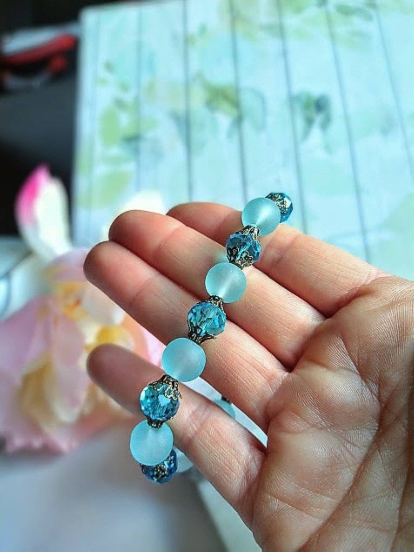 Frosted Sea Glass, Brass Stretch Bracelet, Brass Strand, Antique, Victorian Fashion, Art Deco, Beach, Gift For Her