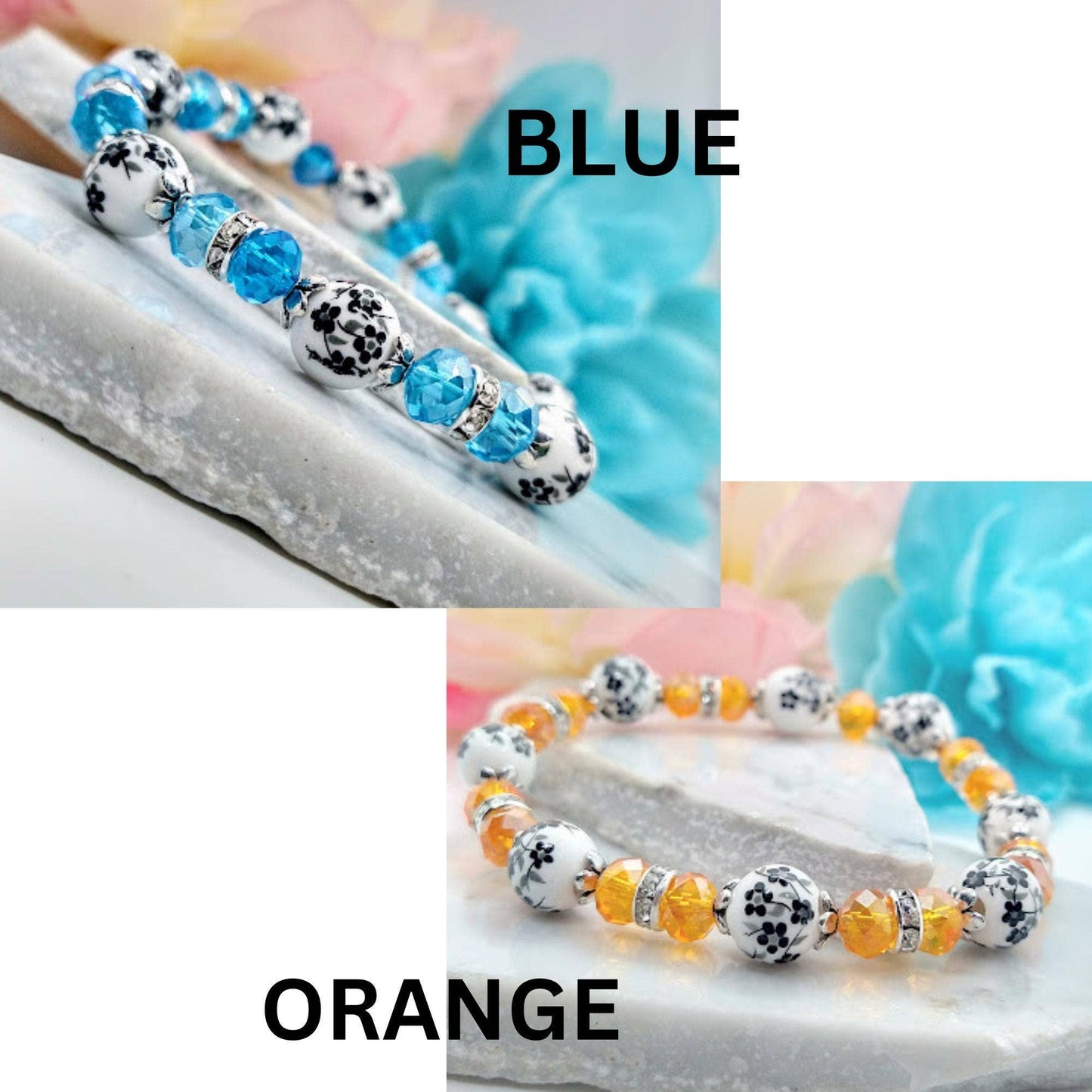 Handmade Black Floral & Orange Crystal Bracelet