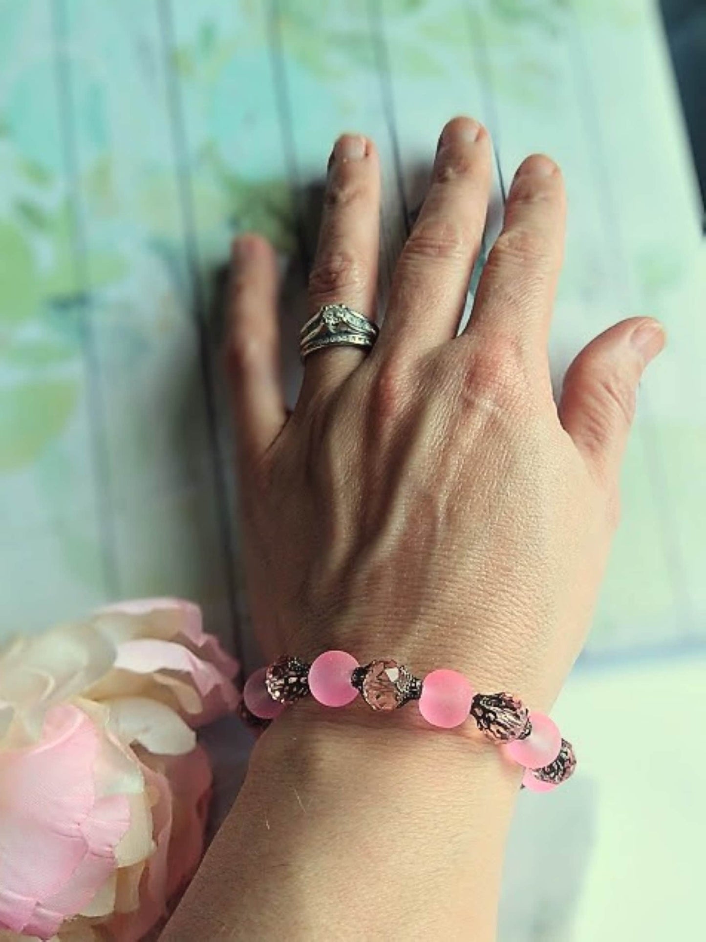 Pink Frosted Sea Glass, Brass Stretch Bracelet, Brass Strand, Antique, Victorian Fashion, Art Deco, Beach, Gift For Her