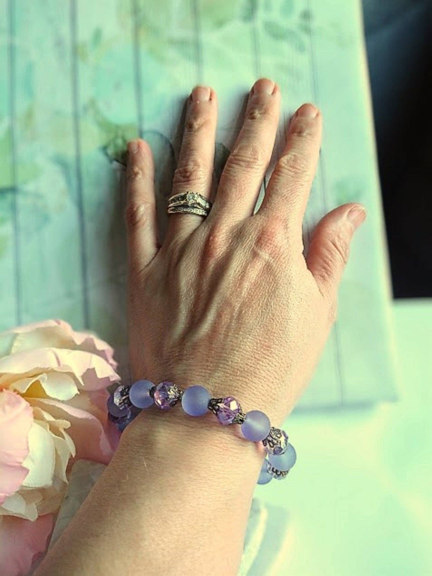 Purple Frosted Sea Glass, Brass Stretch Bracelet, Brass Strand, Antique, Victorian Fashion, Art Deco, Beach, Gift For Her