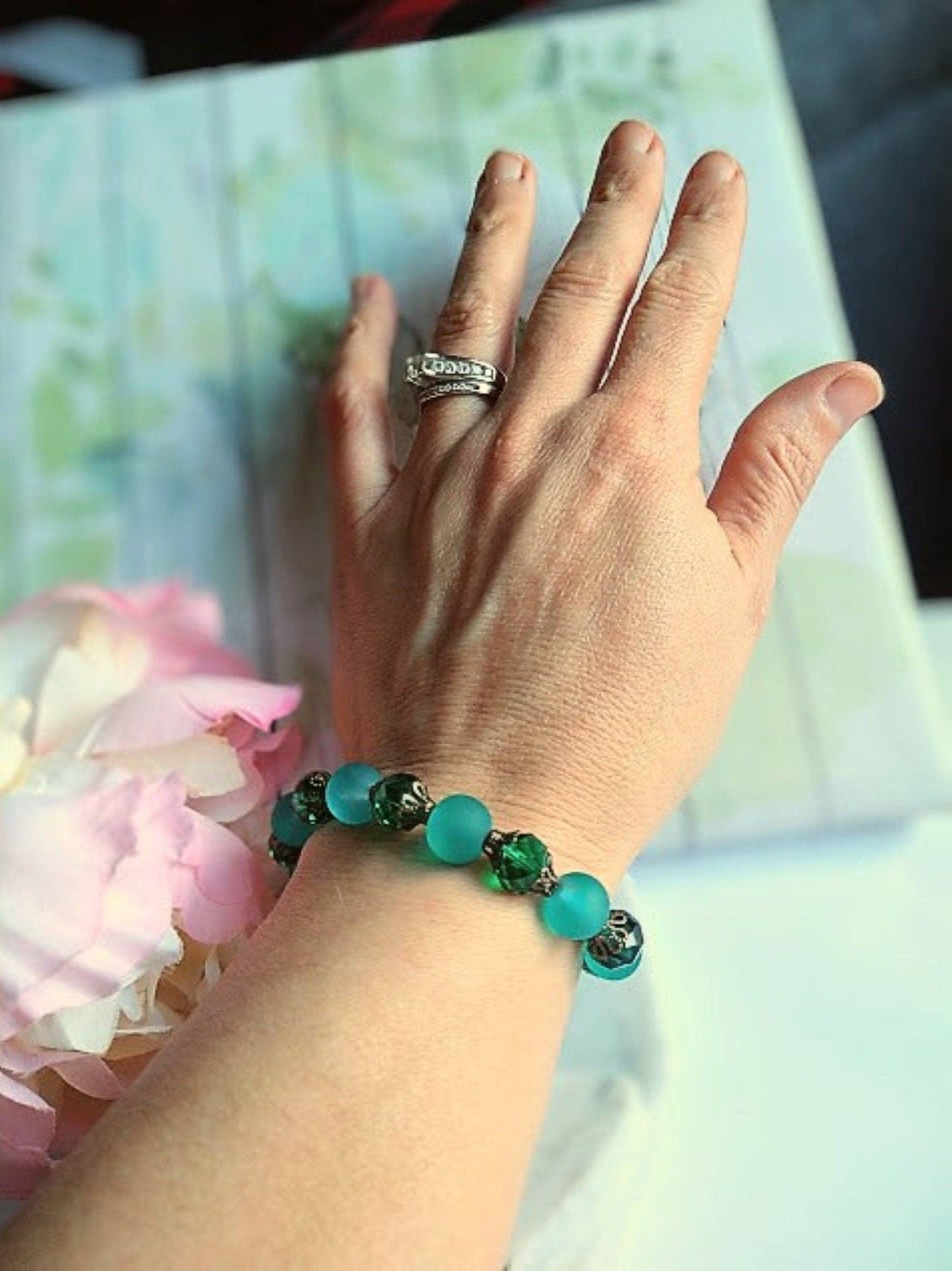 Teal Blue Frosted Sea Glass, Brass Stretch Bracelet, Brass Strand, Antique, Victorian Fashion, Art Deco, Beach, Gift For Her