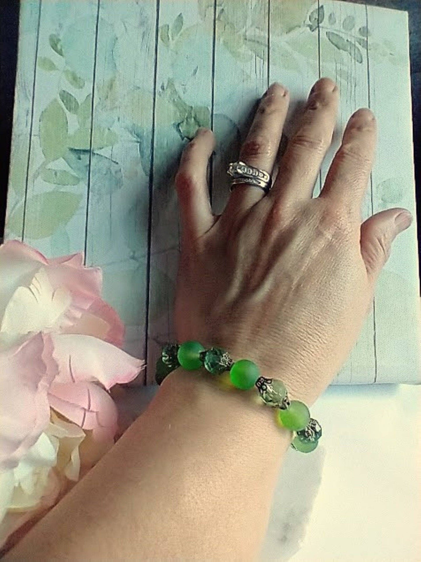 Green Frosted Sea Glass, Brass Stretch Bracelet, Brass Strand, Antique, Victorian Fashion, Art Deco, Beach, Gift For Her