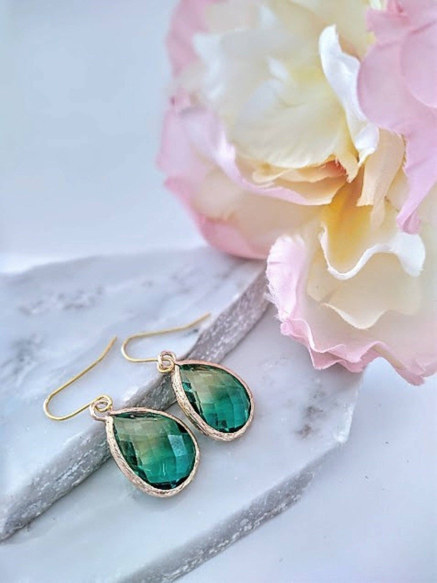 Yellow & Green Gold Glass Teardrop Dangle Earrings, Minimalist Style, Bridal Drop Earrings, Multi Color