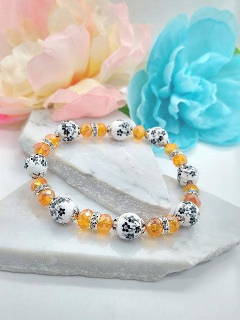 Handmade Black Floral & Orange Crystal Bracelet