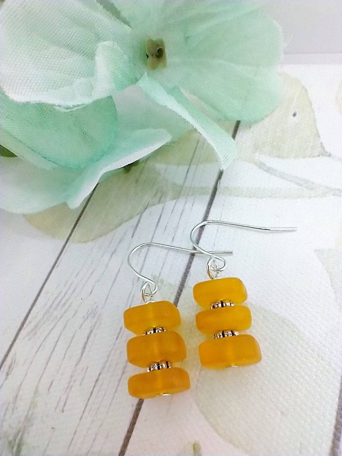 Stacked Square Sea Glass, .925 Sterling Silver Dangle Earrings, Beach Jewelry, Bridal Ocean Nature Fashion
