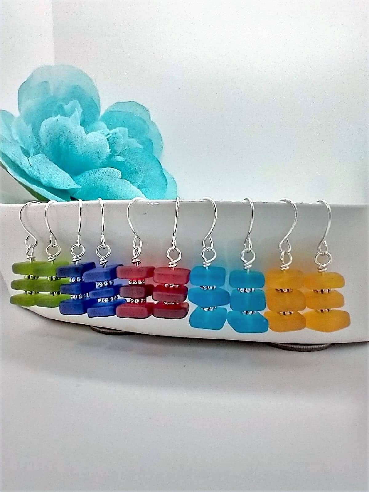 Stacked Square Sea Glass, .925 Sterling Silver Dangle Earrings, Beach Jewelry, Bridal Ocean Nature Fashion