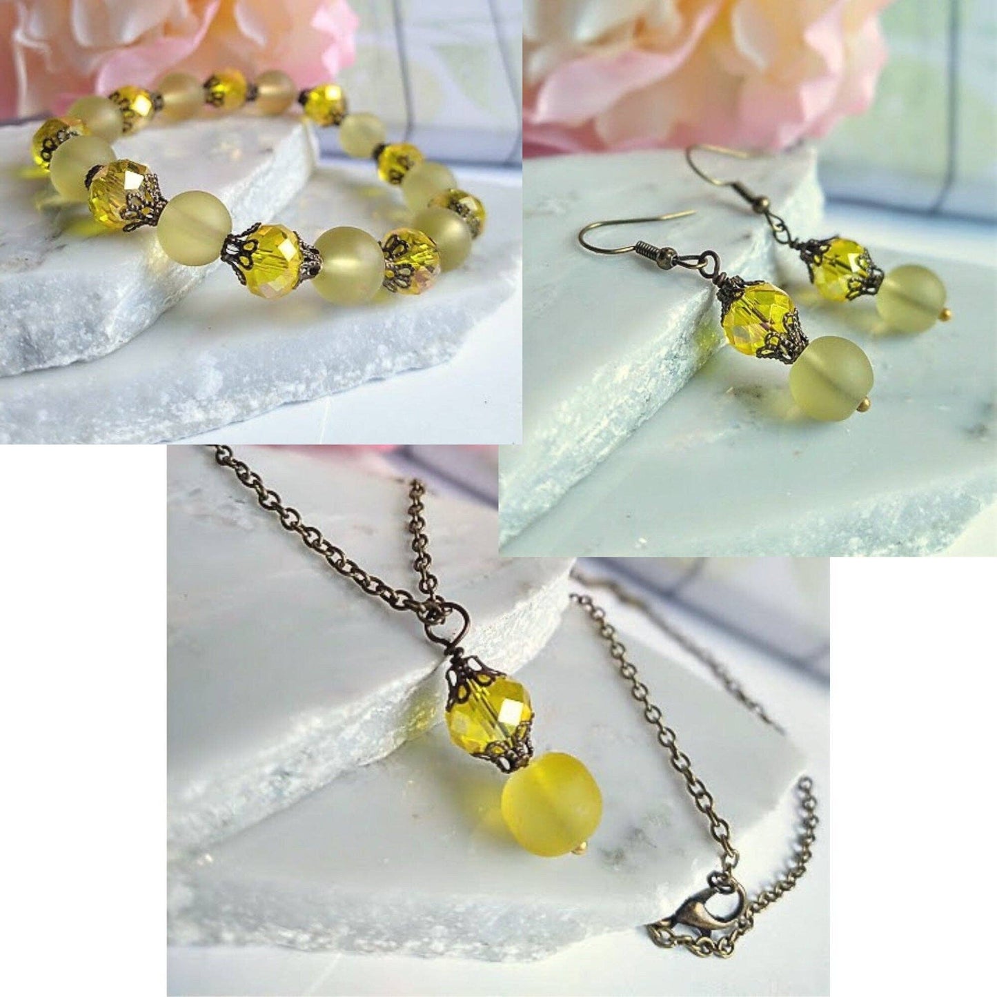 Yellow Frosted Sea Glass, Brass Stretch Bracelet, Brass Strand, Antique, Victorian Fashion, Art Deco, Beach, Gift For Her