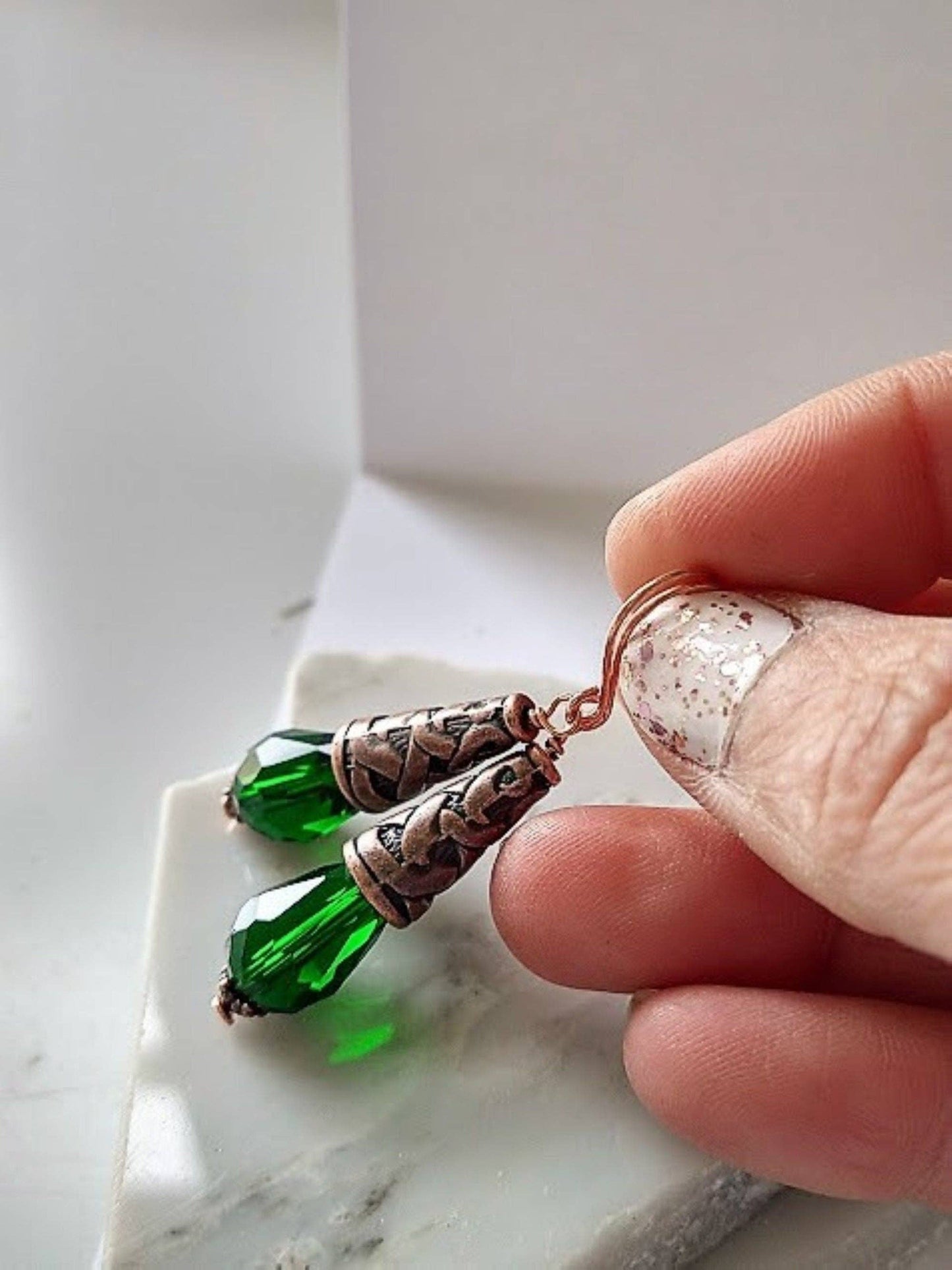 Dark Green Teardrop Crystal Copper Dangle Earrings, Pink Drop Earrings, Gift For Her, Mother's Day Gift, Art Deco Earrings, Antique Earrings