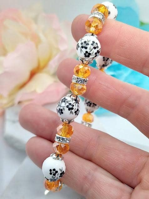 Handmade Black Floral & Orange Crystal Bracelet