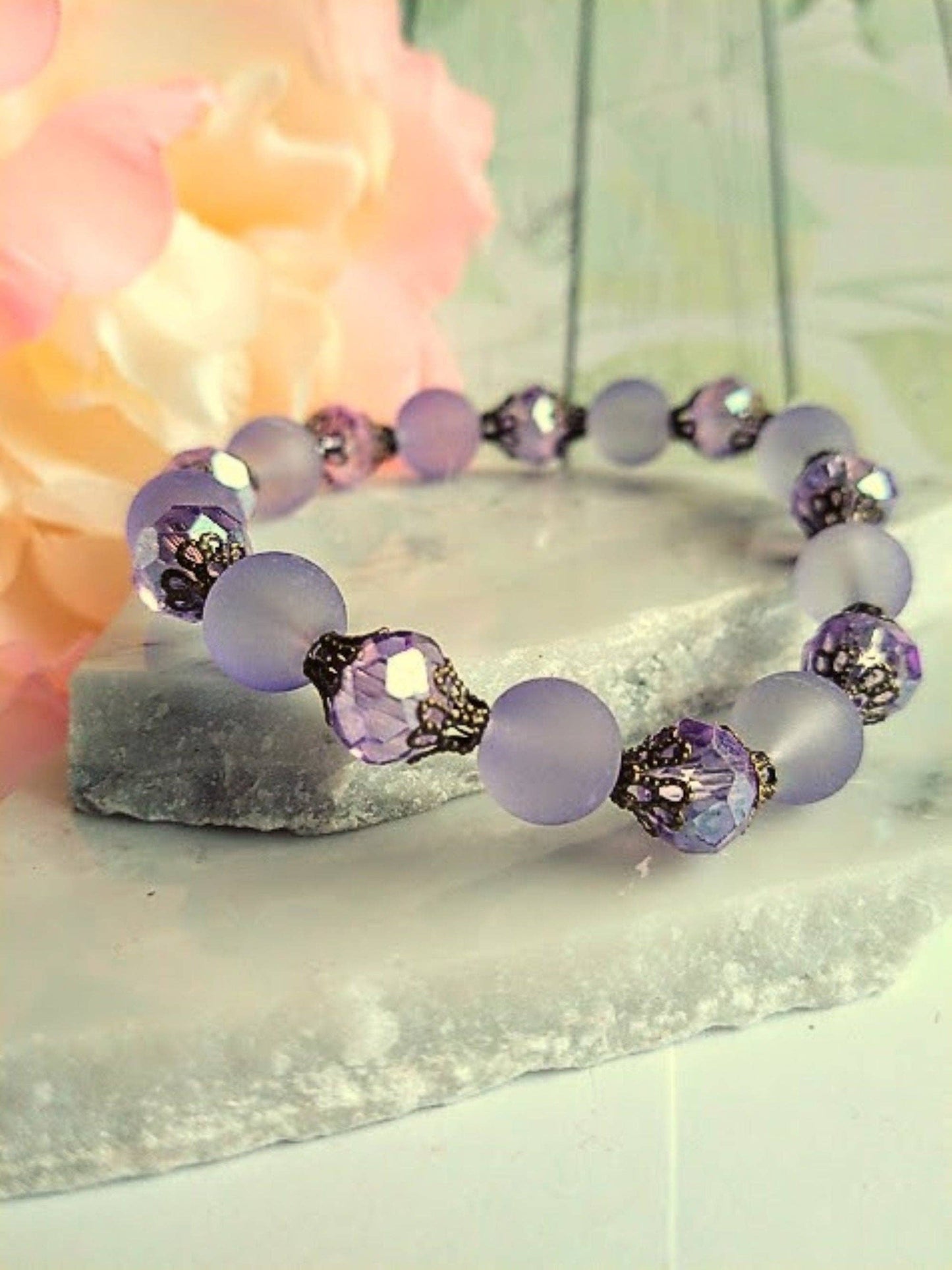 Purple Frosted Sea Glass, Brass Stretch Bracelet, Brass Strand, Antique, Victorian Fashion, Art Deco, Beach, Gift For Her