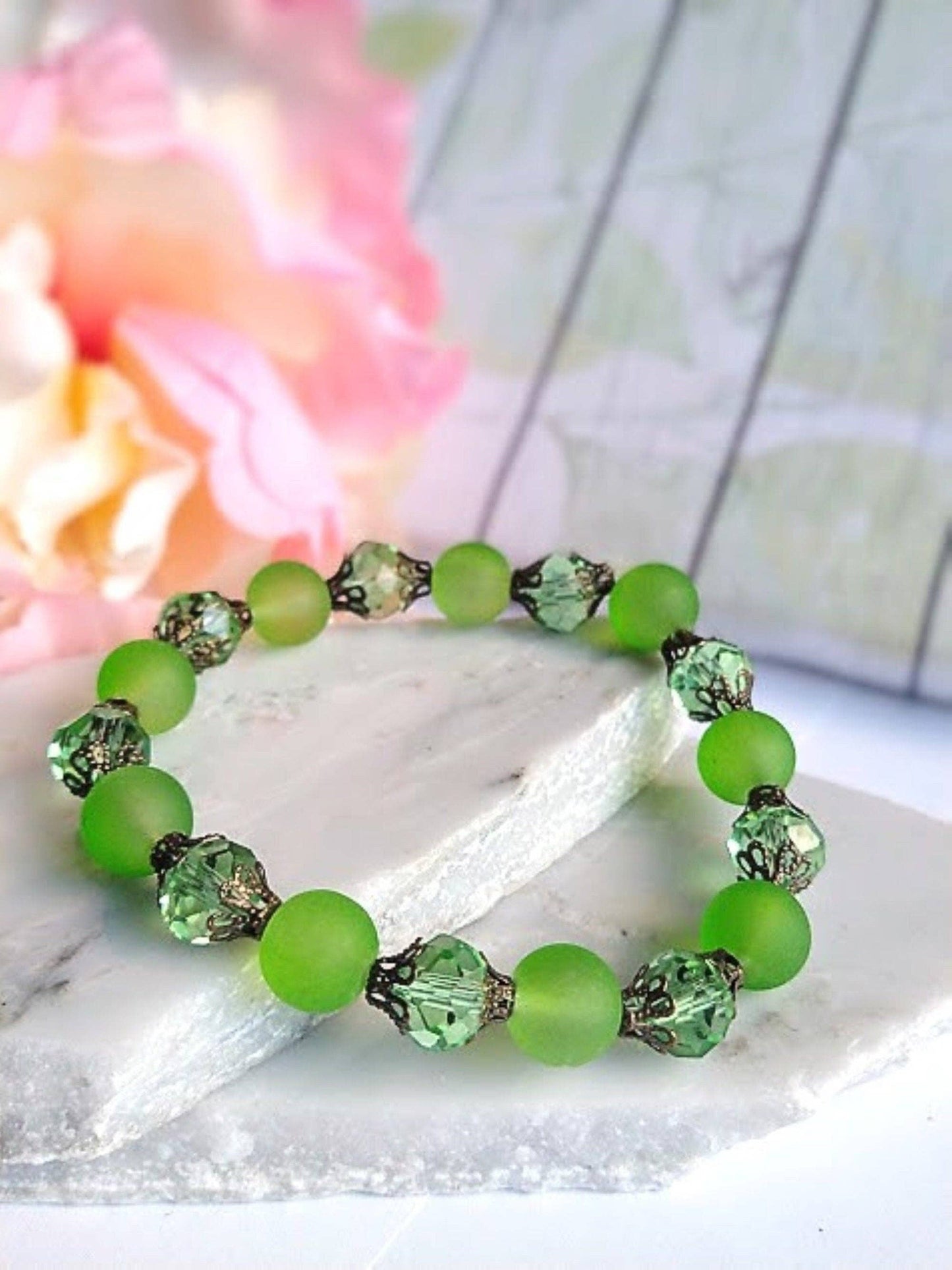 Green Frosted Sea Glass, Brass Stretch Bracelet, Brass Strand, Antique, Victorian Fashion, Art Deco, Beach, Gift For Her