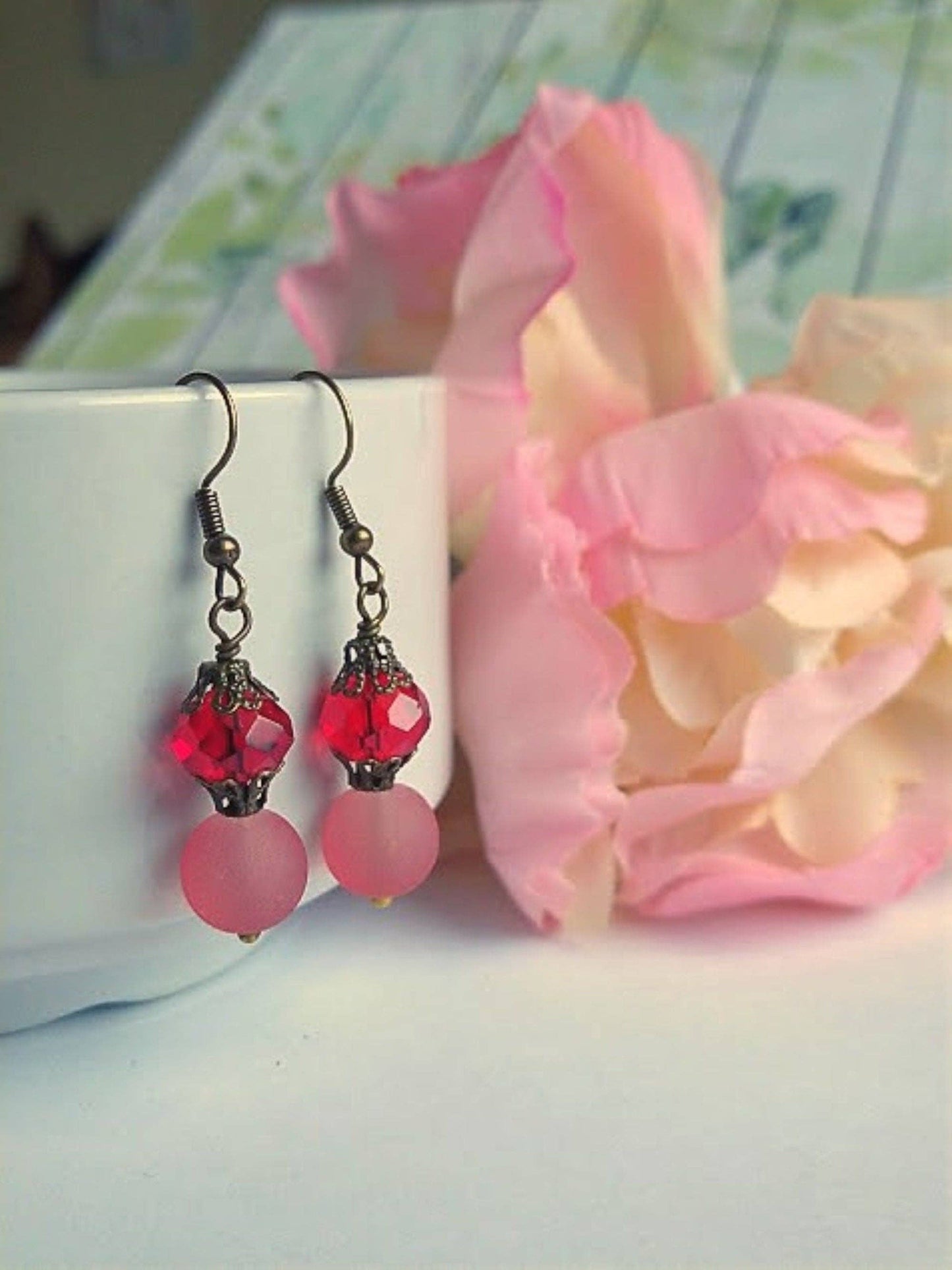 Frosted Red Sea Glass, Brass Dangle Earrings, Brass Earrings, Antique, Victorian Fashion, Art Deco, Beach, Gift For Her